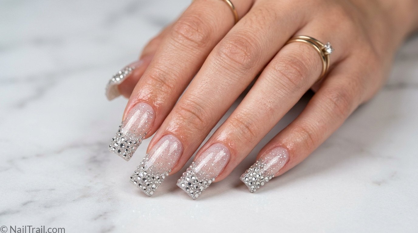 2000s square nails long square shape rhinestone tips clear glittery base glossy gel finish white marble background