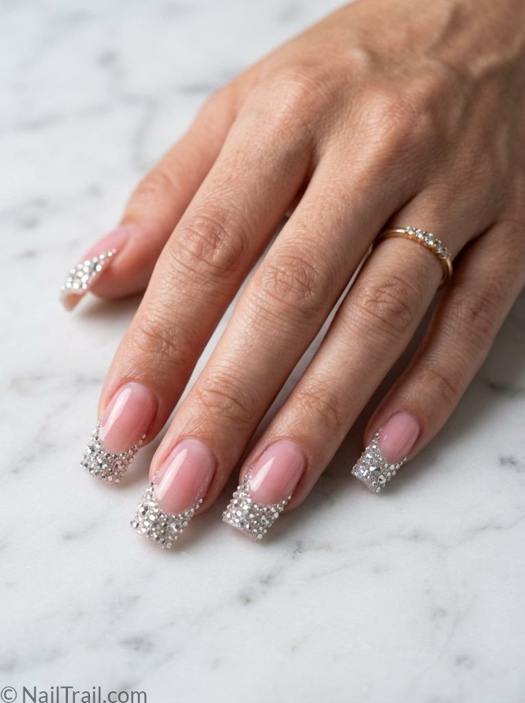 2000s square nails long square shape rhinestone french tips sheer pink base glossy gel finish marble background