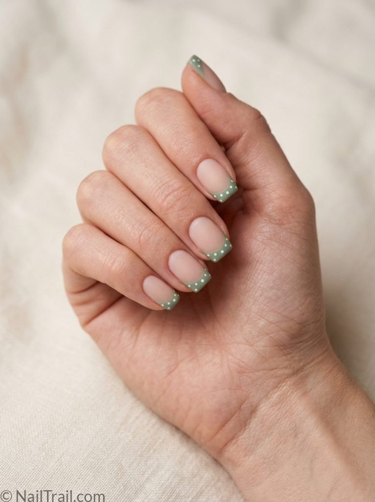 green french tip nails polka dots short square shape white dots sage green matte finish