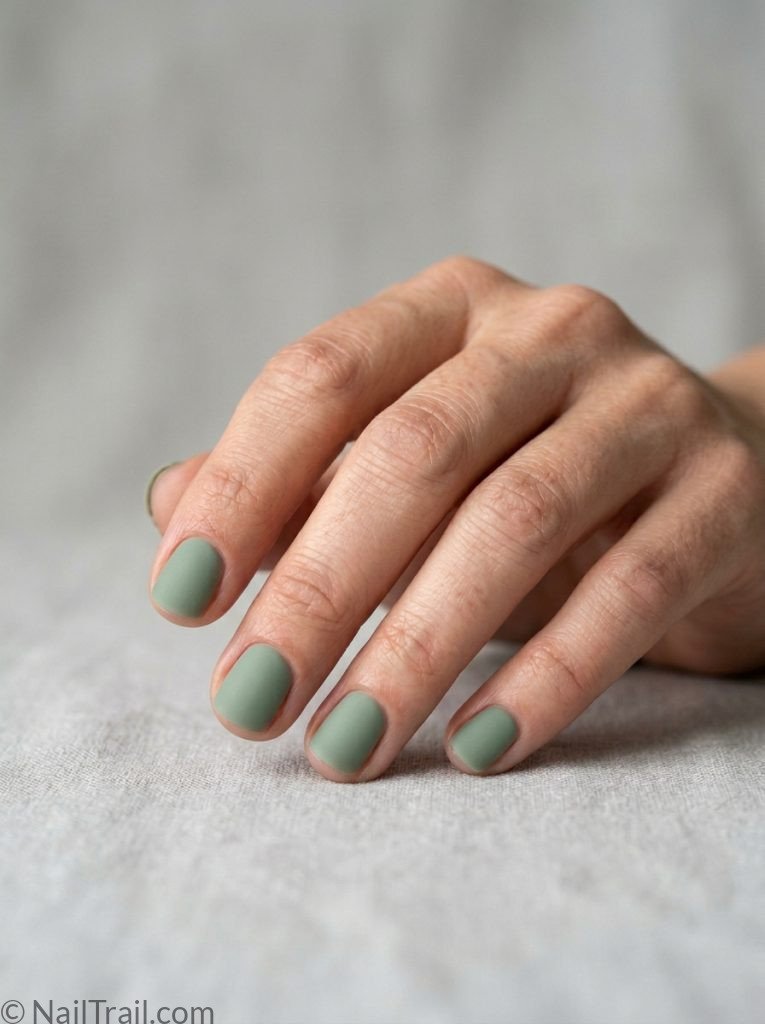 extra short nail ideas square shape sage green matte finish light grey background