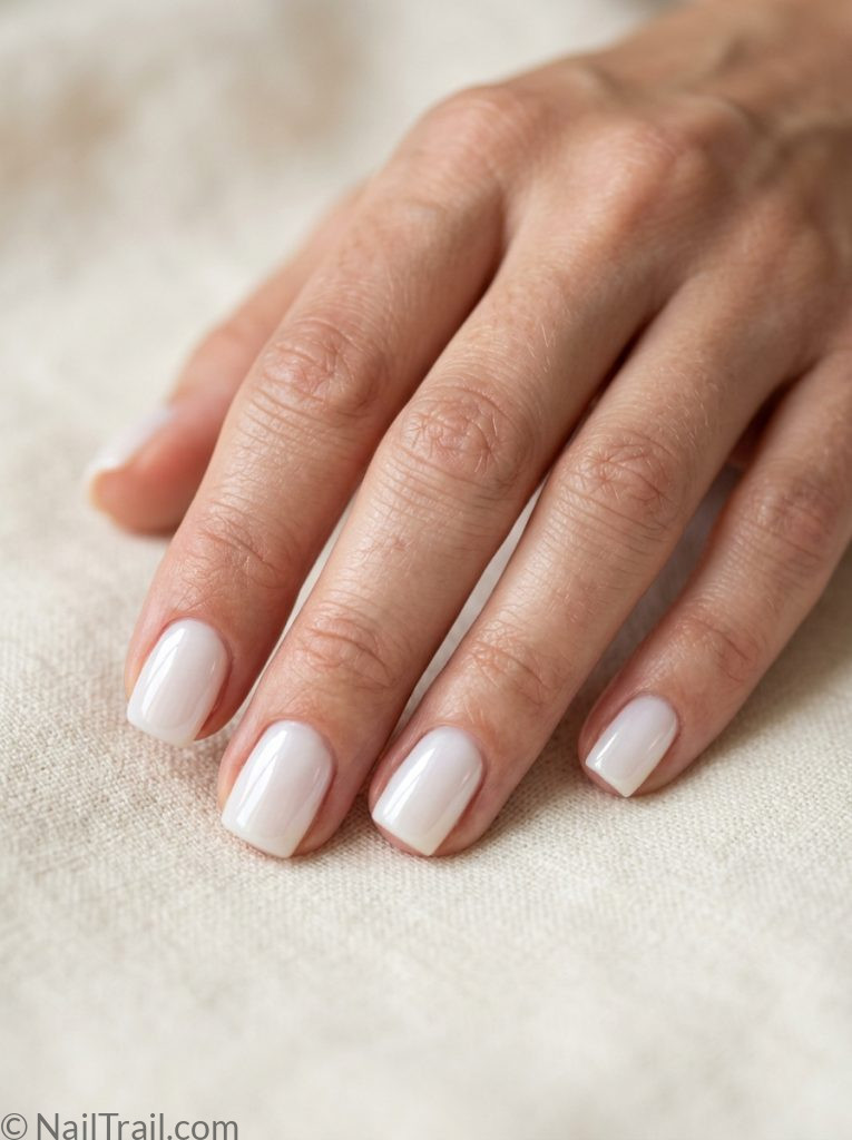 short milky white nails simple square glossy soft translucent effortless clean dreamy