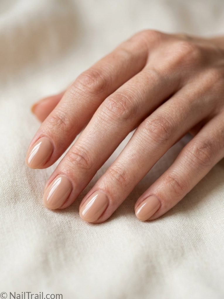  extra short nail ideas oval shape warm nude beige glossy gel finish cream background