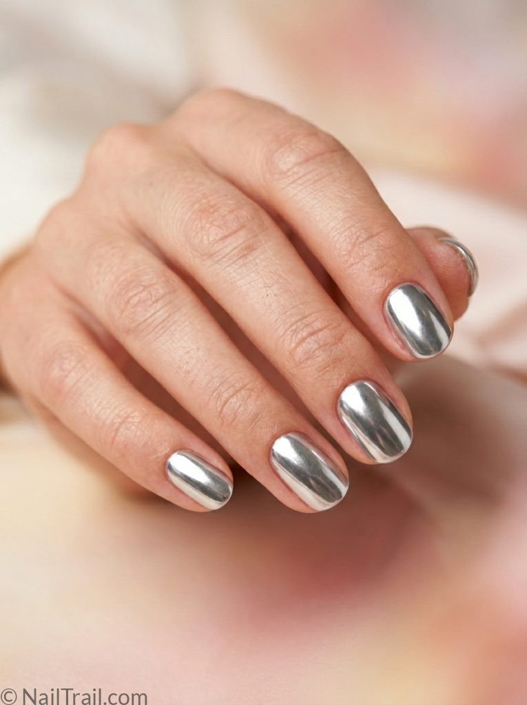 extra short nail ideas oval shape silver chrome mirror finish gradient background