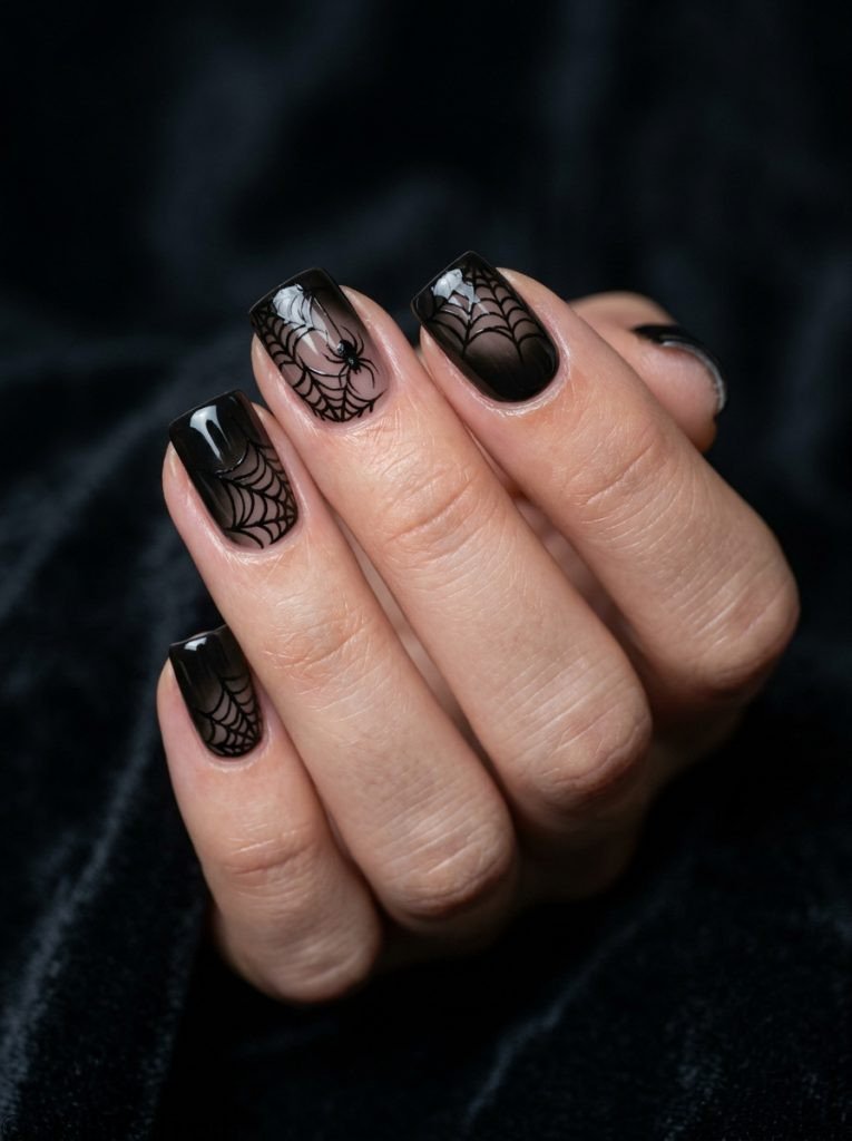 unique short nail ideas alt style square shape black spider web dark base glossy gel finish moody background