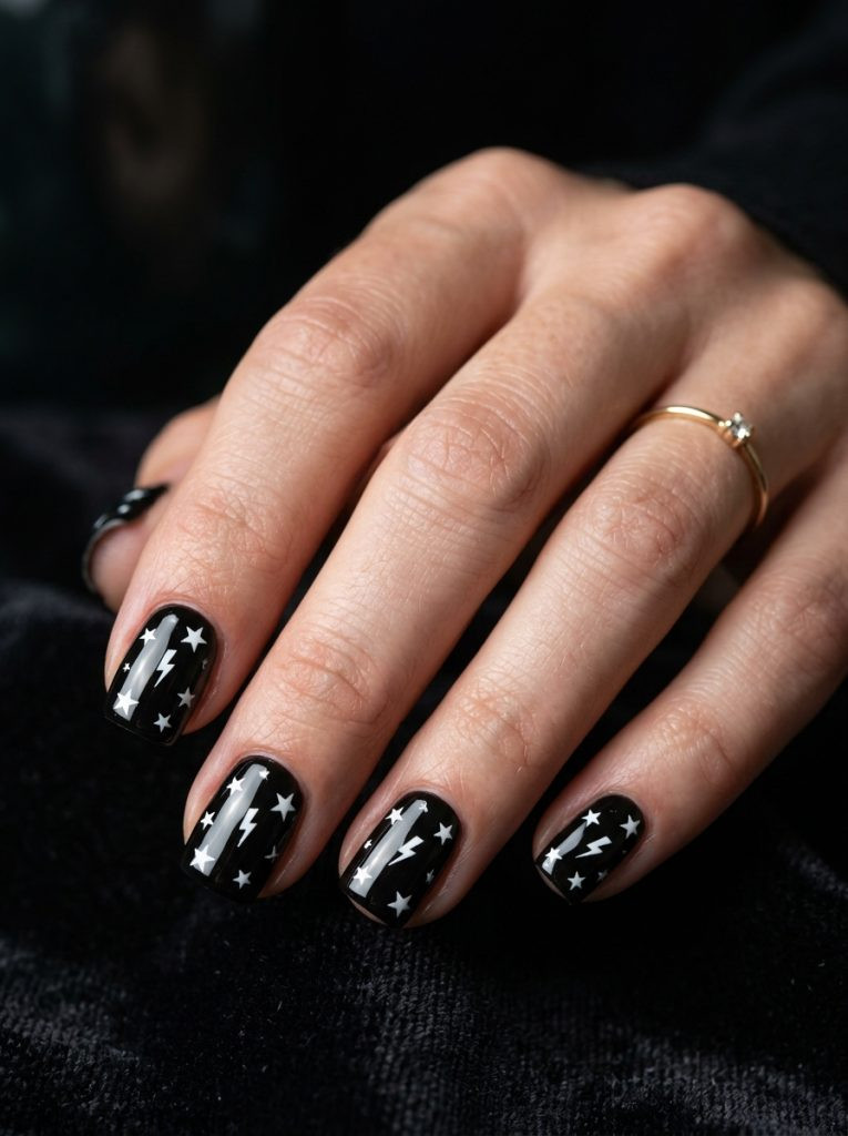 michael jackson nails short square shape black stamped white star lightning bolt pattern glossy gel finish dark moody background
