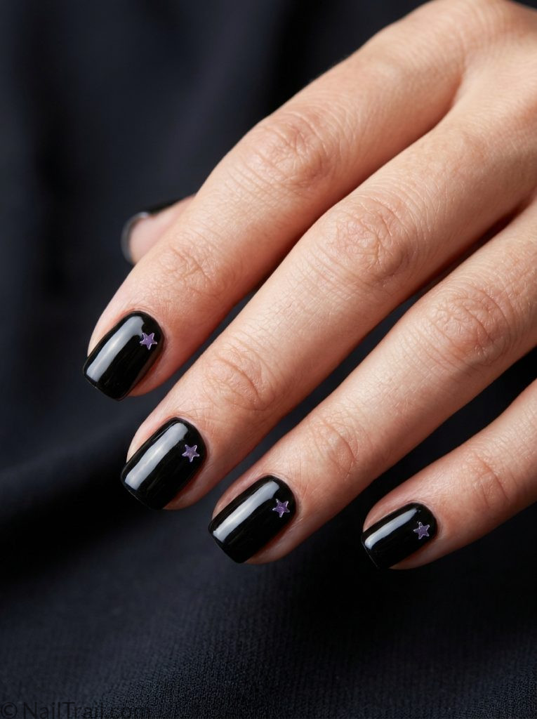 bts nails short square shape black subtle purple star details glossy gel finish dark moody background