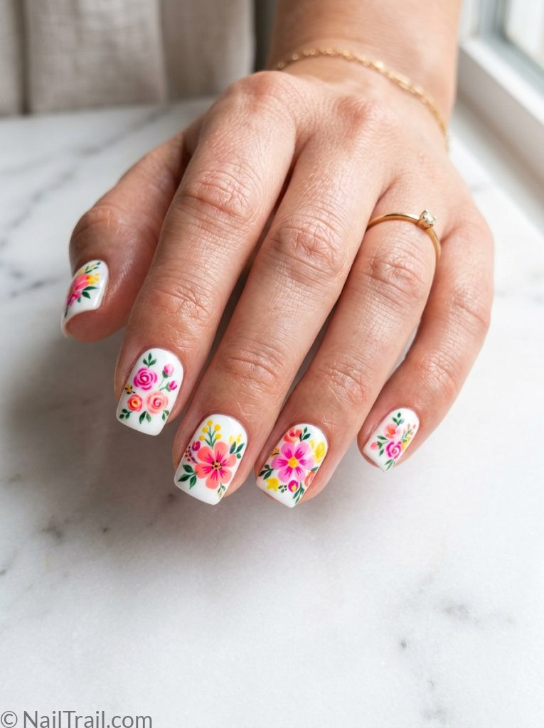 Image Prompt: Close-up macro shot of a single elegant feminine hand with hottest summer nail art ideas — white base with colorful summer floral nail art in pink coral and yellow on short square nails, glossy finish, realistic skin texture, white marble background, bright natural lighting, photorealistic, 8k, salon quality manicureAlt Text: hottest summer nail art ideas floral pink coral yellow white short square glossy creative joyful
