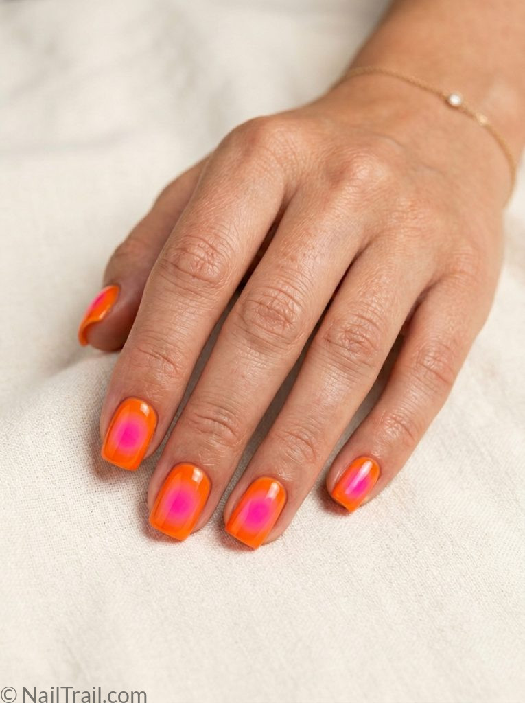 aura summer nails square orange pink bold diffused gradient glossy vibrant joyful summer

