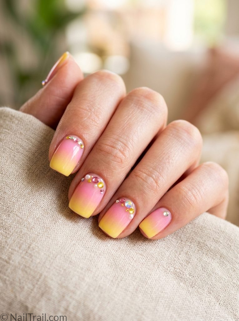 cute aura summer nails pink yellow gems short square gradient glossy playful dimensional sweet