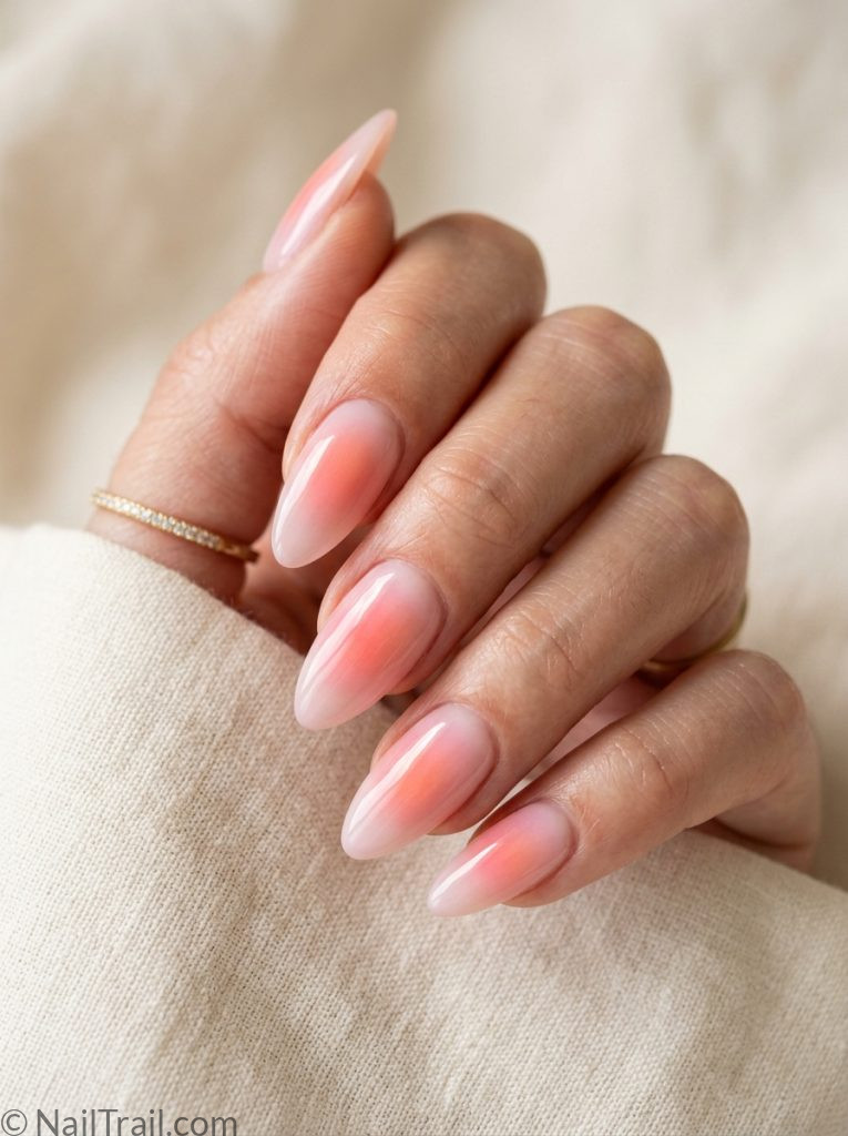 aura press on summer nails pink ombre almond diffused glow glossy convenient dreamy effortless