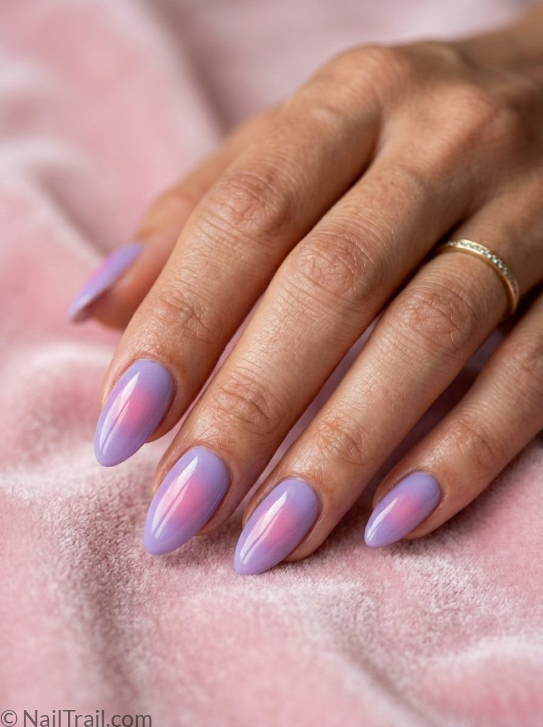 aura summer nails inspo purple pink almond gradient diffused glow glossy ethereal romantic