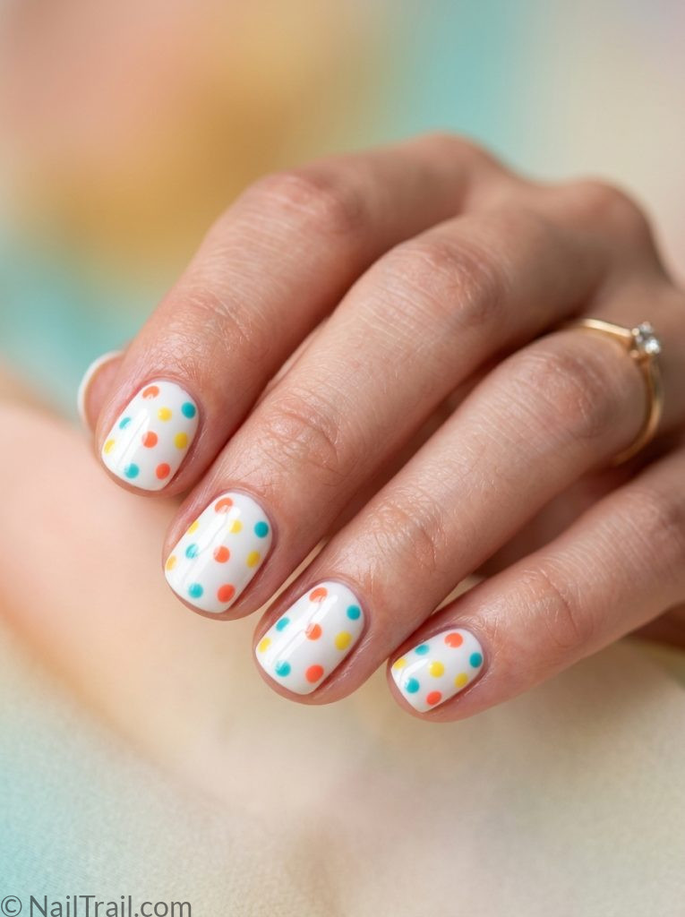 very short nails ideas summer polka dot white coral yellow turquoise round glossy playful