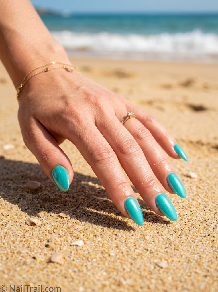summer teal nails glazed almond bright high shine glossy fresh vibrant beach seasonal