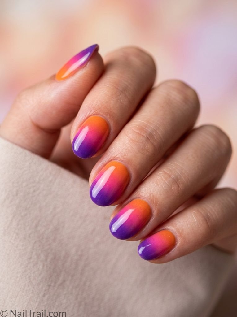 unique short nail ideas oval shape sunset gradient orange pink purple glossy gel finish gradient background