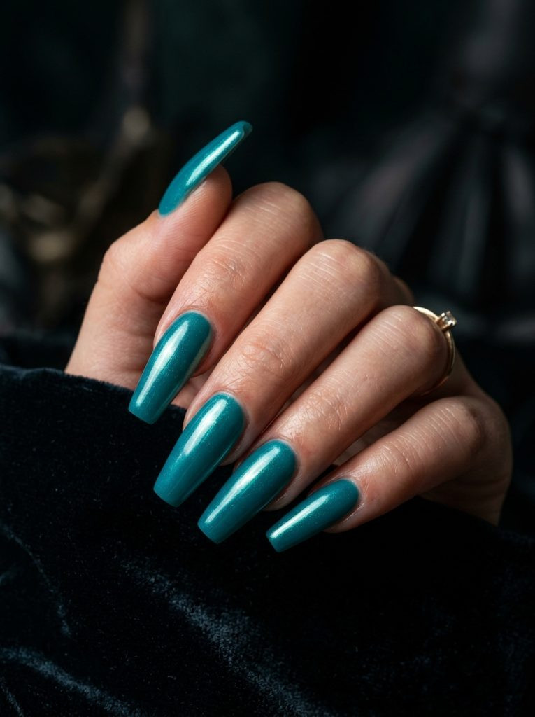acrylic teal nails long coffin glazed dramatic statement glossy bold rich show-stopping