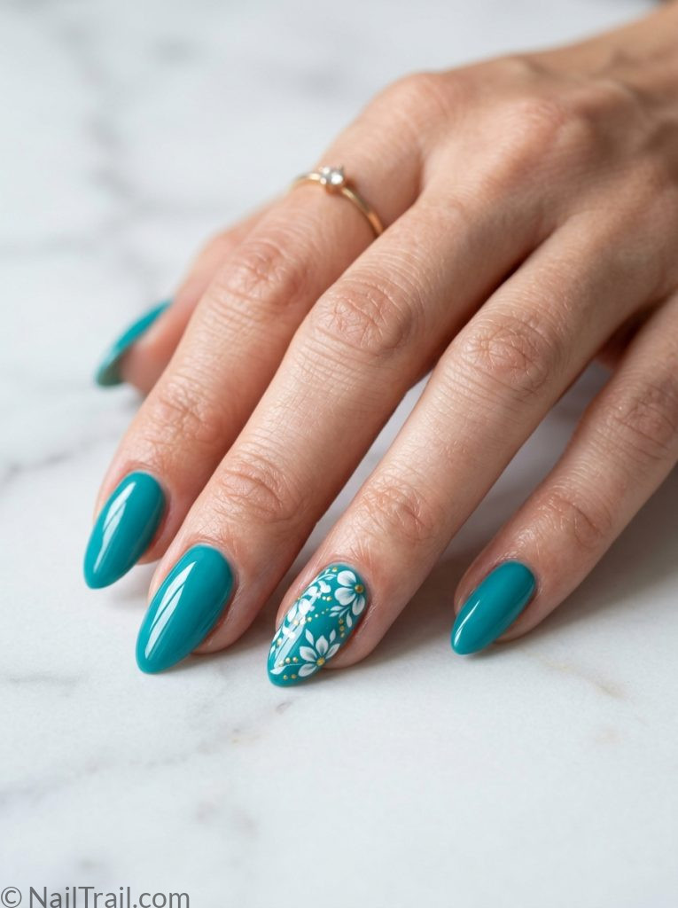 eal nail art floral detail almond white gold accent glossy creative elegant artistic