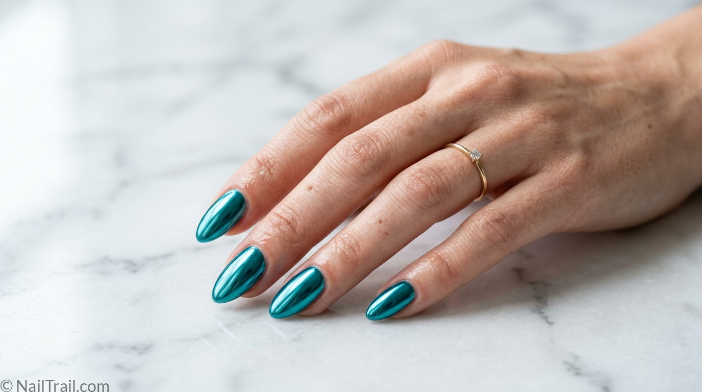 teal nails chrome almond mirror metallic glossy rich summer
