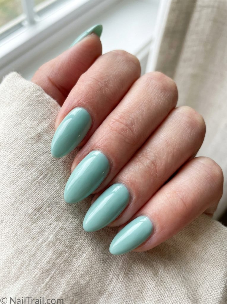 light teal nails mint soft almond simple fresh airy glossy delicate calm wearable