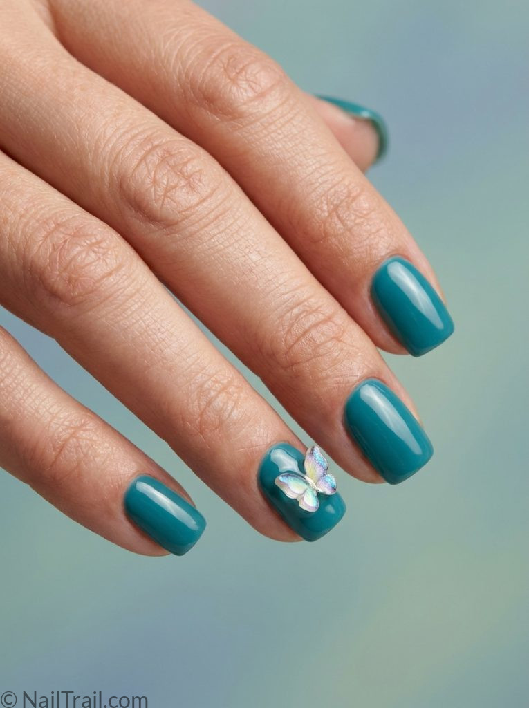 cute teal nails butterfly charm short square sweet playful feminine glossy adorable