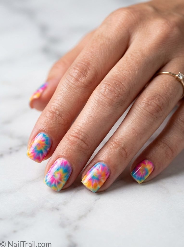 unique short nail ideas square shape tie dye swirl pink blue yellow glossy gel finish marble background