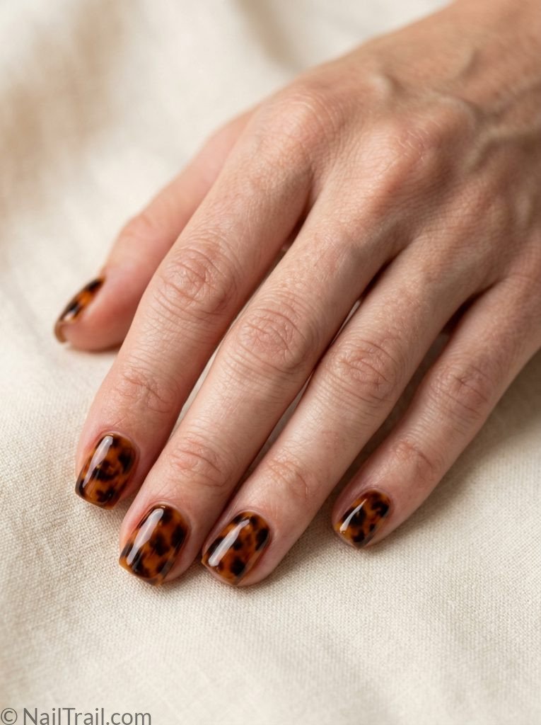 unique short nail ideas square shape tortoiseshell amber brown black pattern glossy gel finish cream background