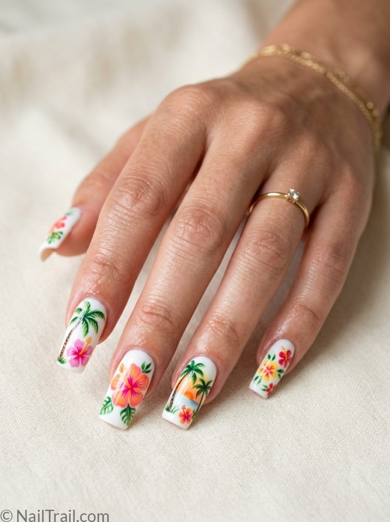 2000s square nails long square shape tropical palm trees hibiscus bright colors white base glossy gel finish