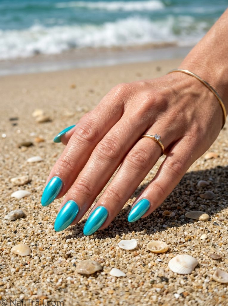 summer nail inspo almond turquoise chrome mirror metallic glossy beach ocean
