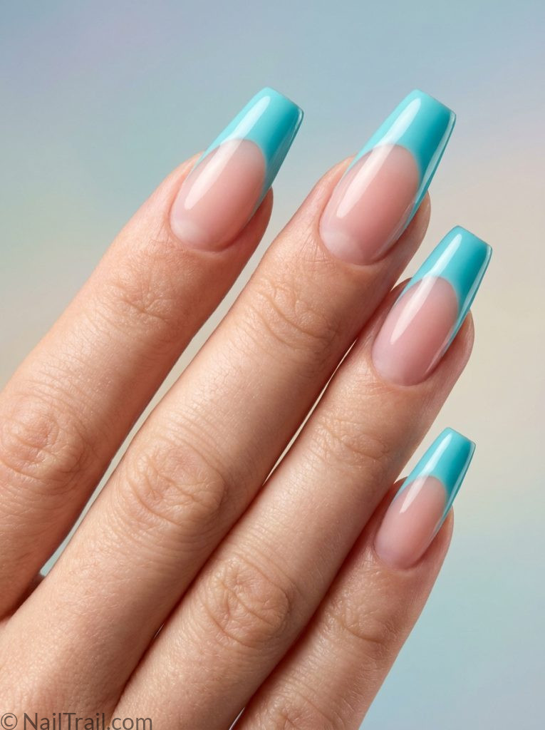 summer french tip nails turquoise tip coffin shape glossy gel finish gradient background