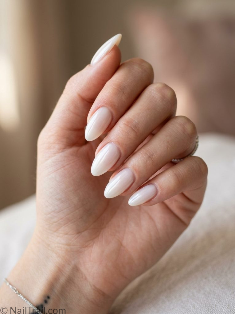 white nail inspo almond milky glazed translucent high shine glossy dreamy soft