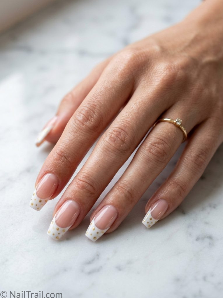 glitter french tip nails polka dots coffin shape gold glitter dots white tip glossy finish