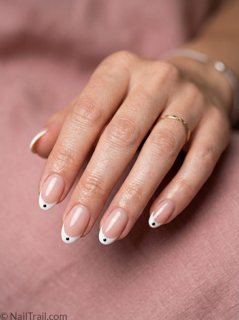 minimalist french tip nails polka dots oval shape single black dot white tip glossy gel finish