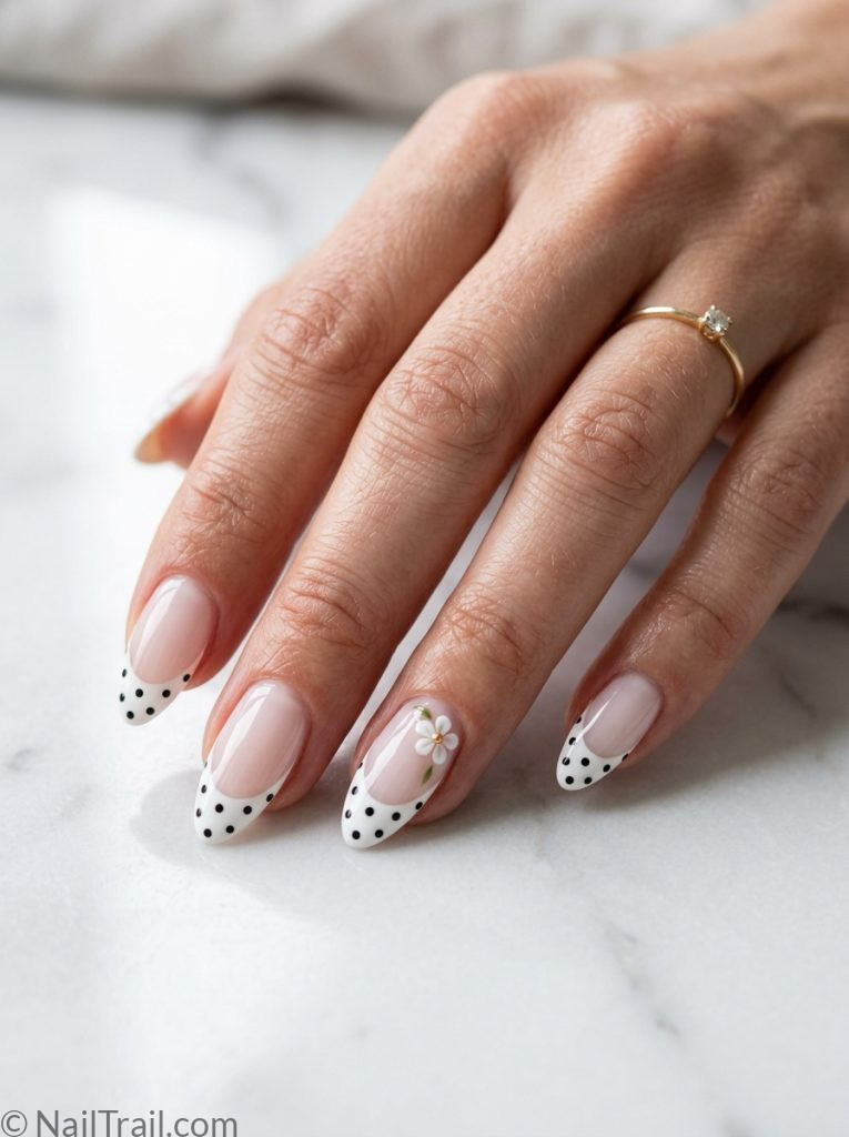  french tip nails polka dots flower accent almond shape black dots white flower ring finger glossy finish