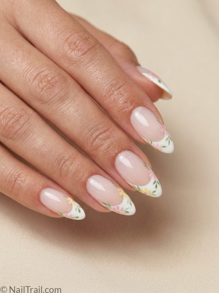 summer french tip nails floral tip almond shape pink yellow flowers white tip glossy gel finish