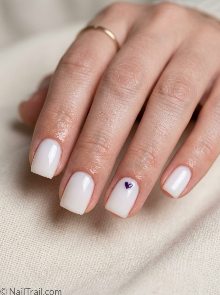 bts nails very short square shape milky white purple heart ring finger accent glossy gel finish cream background