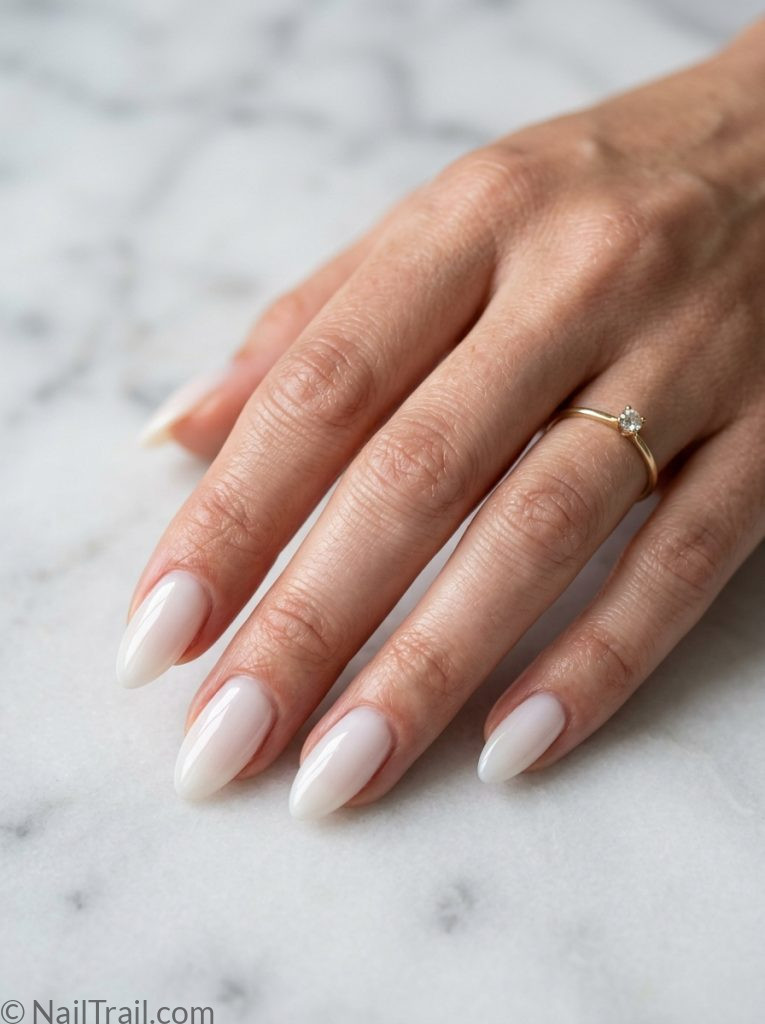 milky white nails classic glazed almond glass finish translucent soft ethereal dreamy