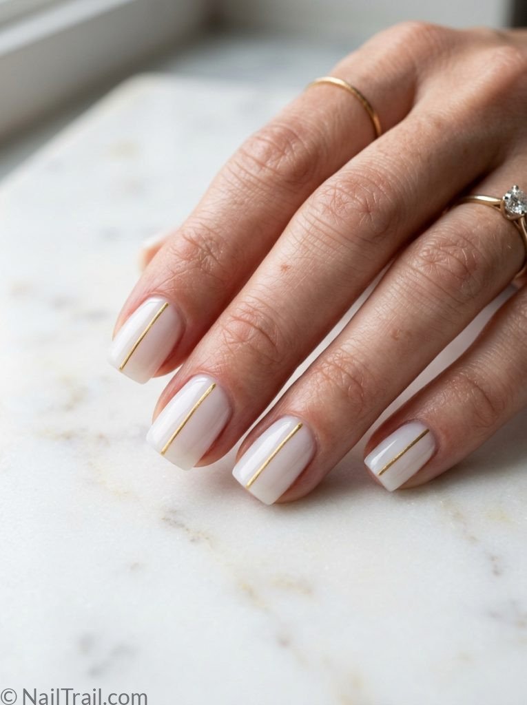 extra short nail ideas square shape sheer white single gold line accent glossy gel finish marble
