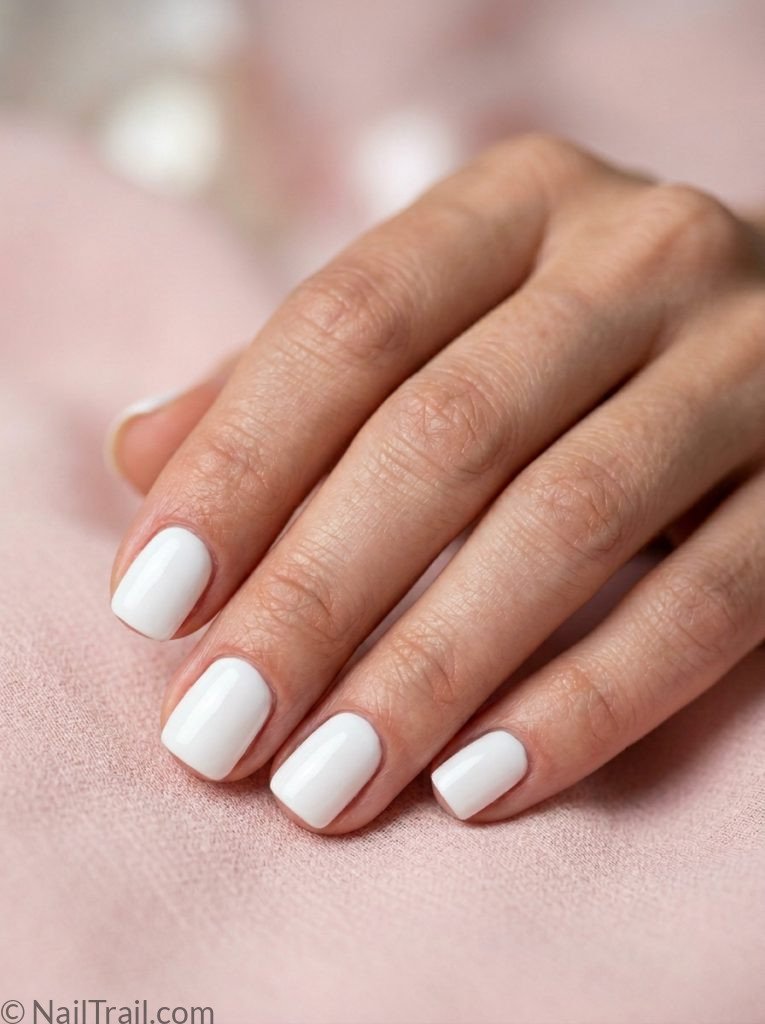 extra short nail ideas square shape bright white glossy finish pink background