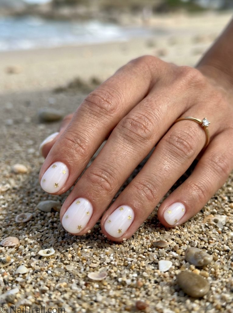 very short nails ideas summer simple milky white gold star sticker oval beach glossy