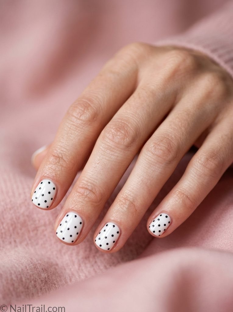 extra short nail ideas round shape white black polka dots glossy gel finish pink background