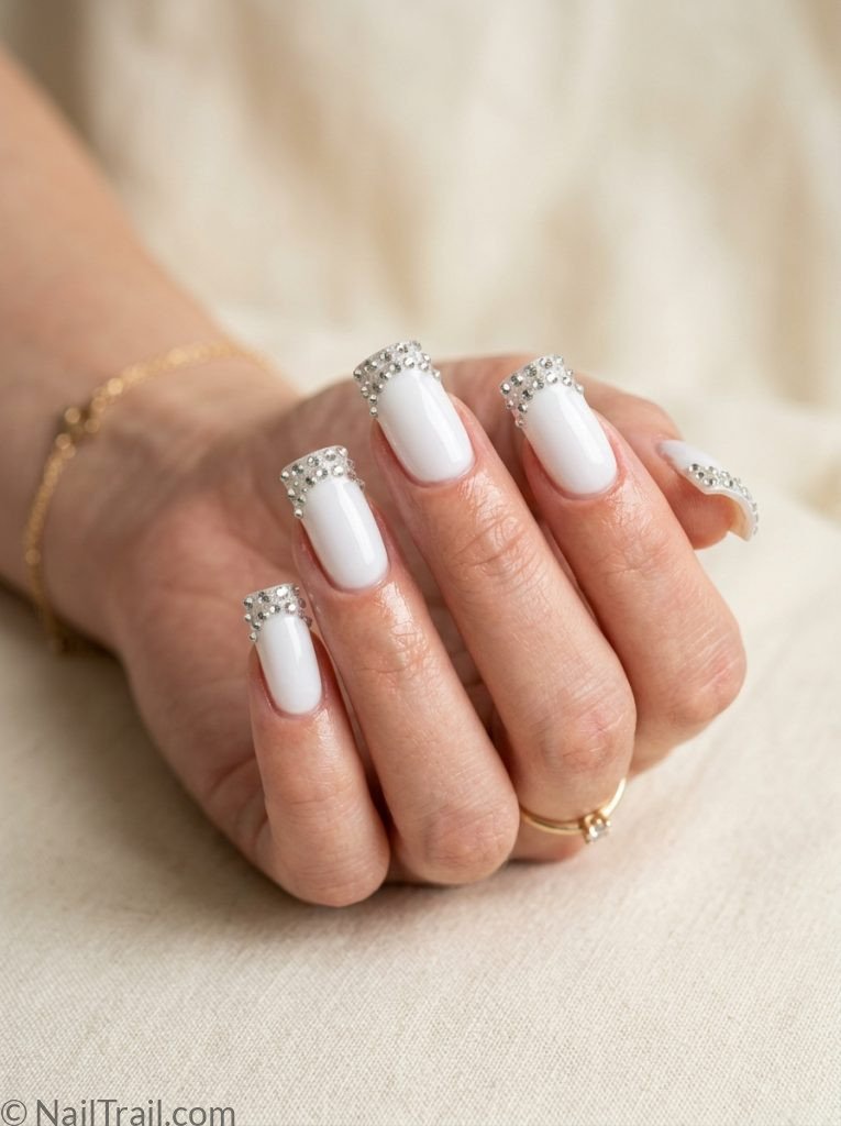 2000s square nails long square press on nails white rhinestone tips glossy finish cream background