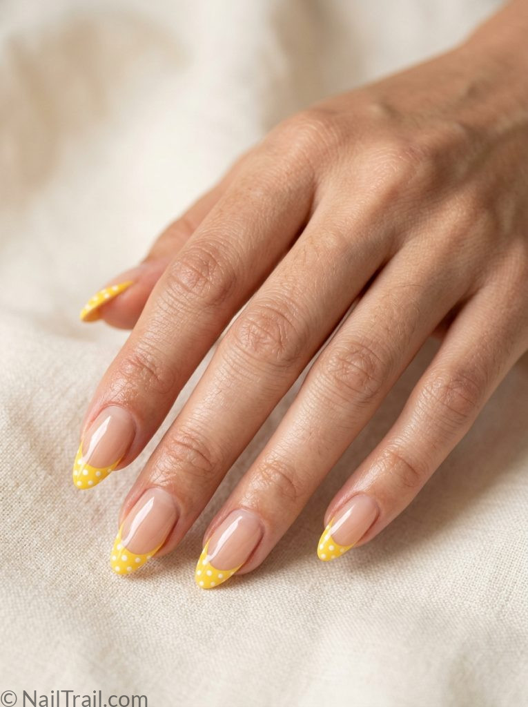 yellow french tip nails polka dots almond shape white dots glossy gel summer finish