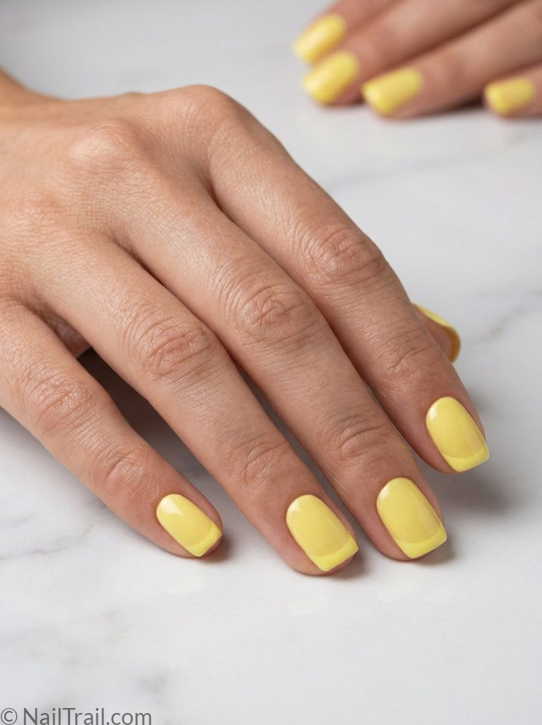 summer french tip nails yellow tip short nails glossy finish white marble background