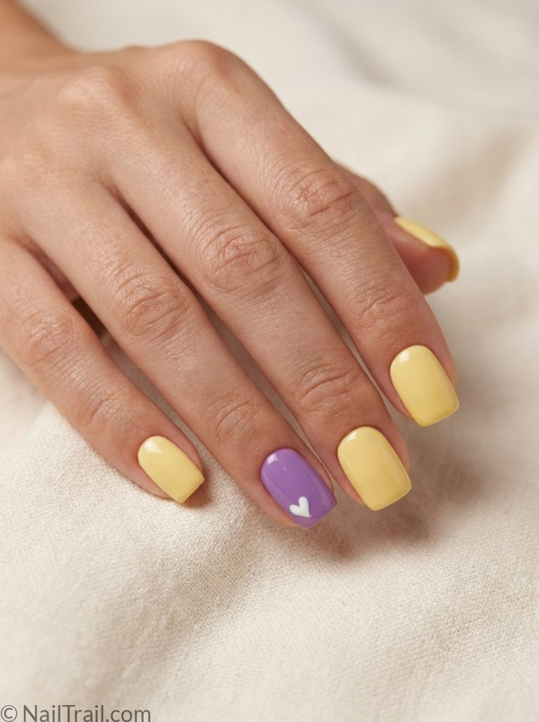bts nails short square shape butter yellow purple accent heart detail glossy gel finish cream background