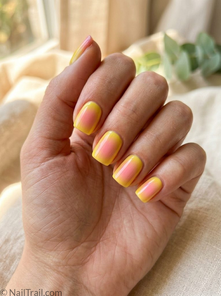 yellow pink aura summer nails sunset gradient square diffused glow glossy joyful warm cheerful