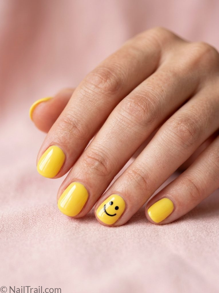 very short nails ideas summer cute smiley yellow round accent nail glossy playful fun