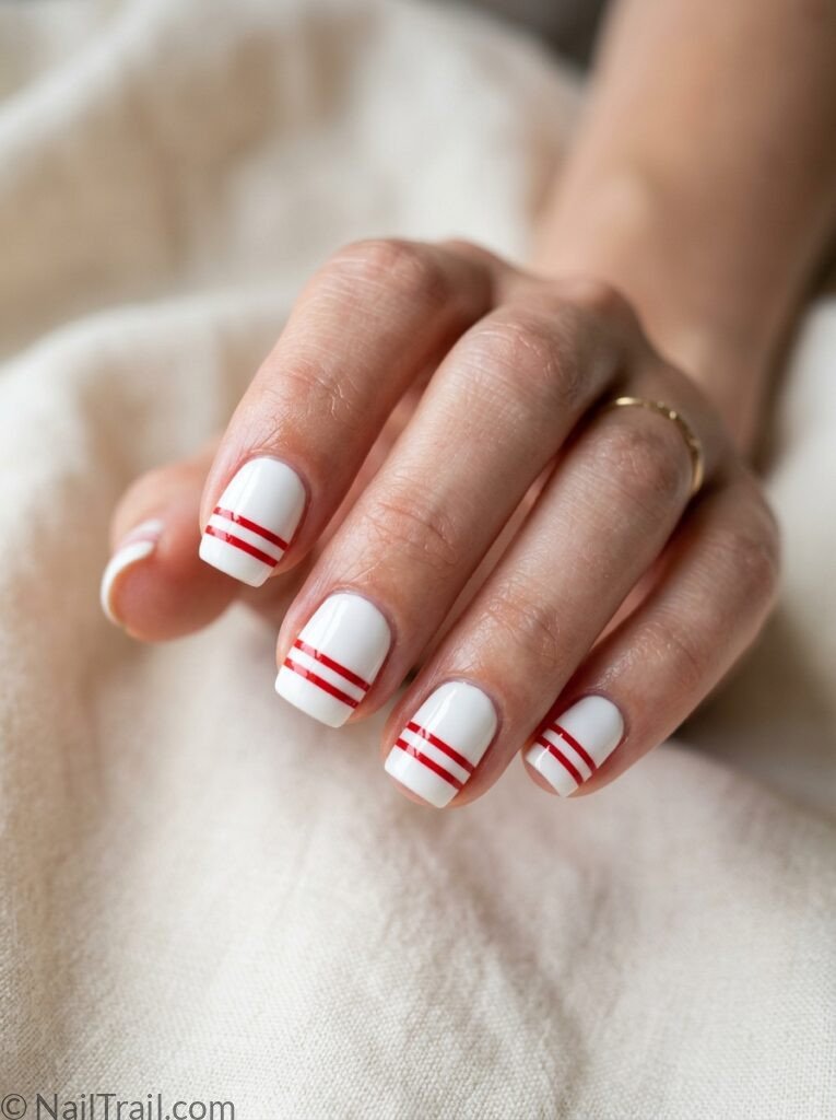 simple western 4th of july nails beginners red stripe white short square thin horizontal glossy easy western