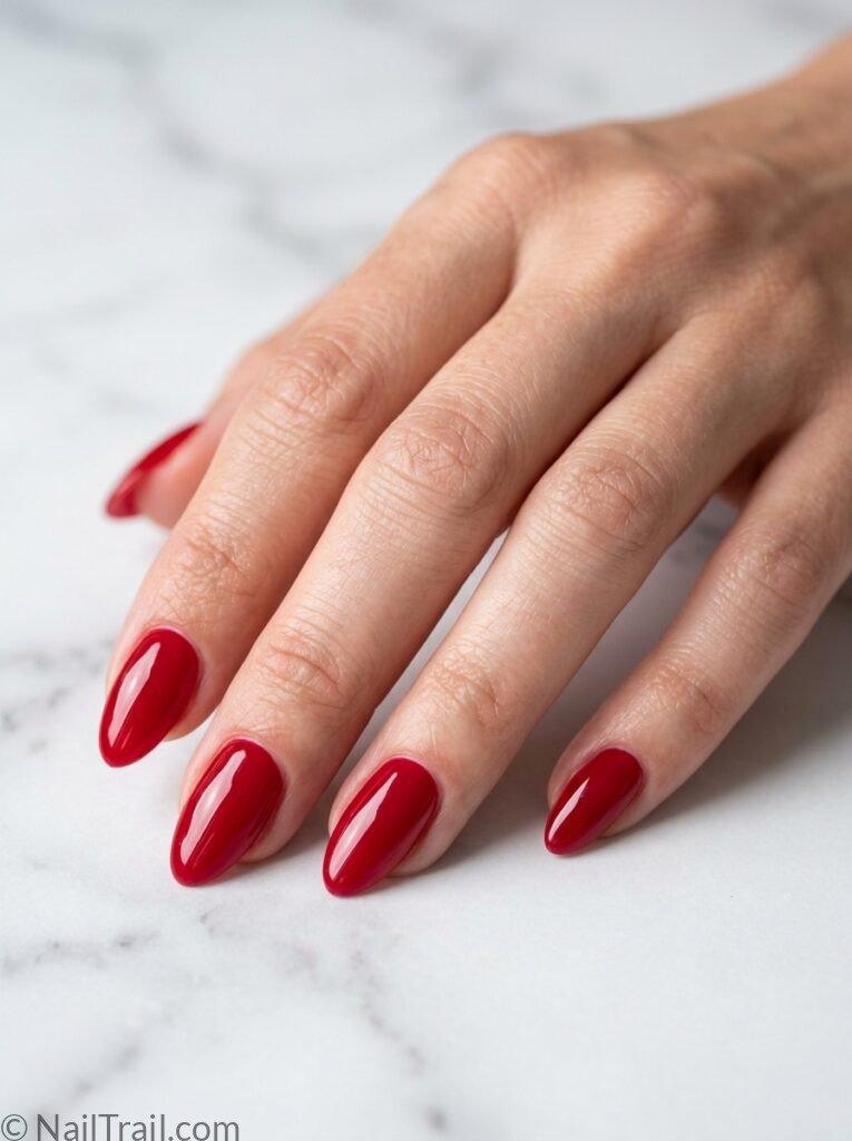Image Prompt: Close-up macro shot of a single elegant feminine hand with simple 4th of july nails — short square nails alternating red white and navy blue with tiny star sticker, glossy gel finish, realistic skin texture, cream background, soft studio lighting, photorealistic, 8k, salon quality manicure
