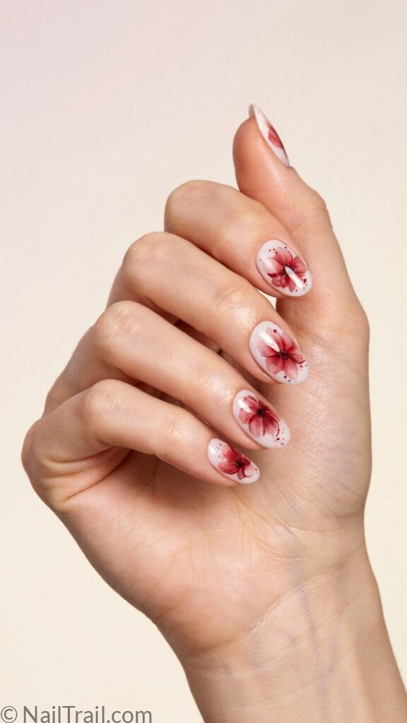 subtle 4th of july nails blooming gel red white almond watercolor ink drop soft delicate glossy