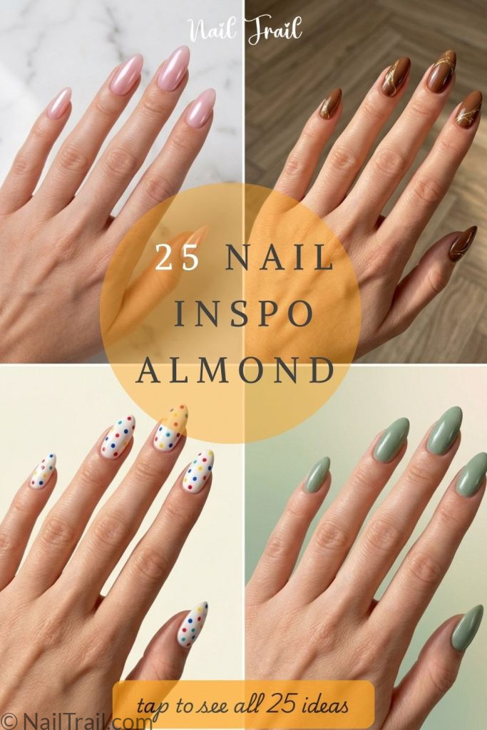 nail inspo almond pink brown polka dot sage green glazed gold glossy simple cute collage