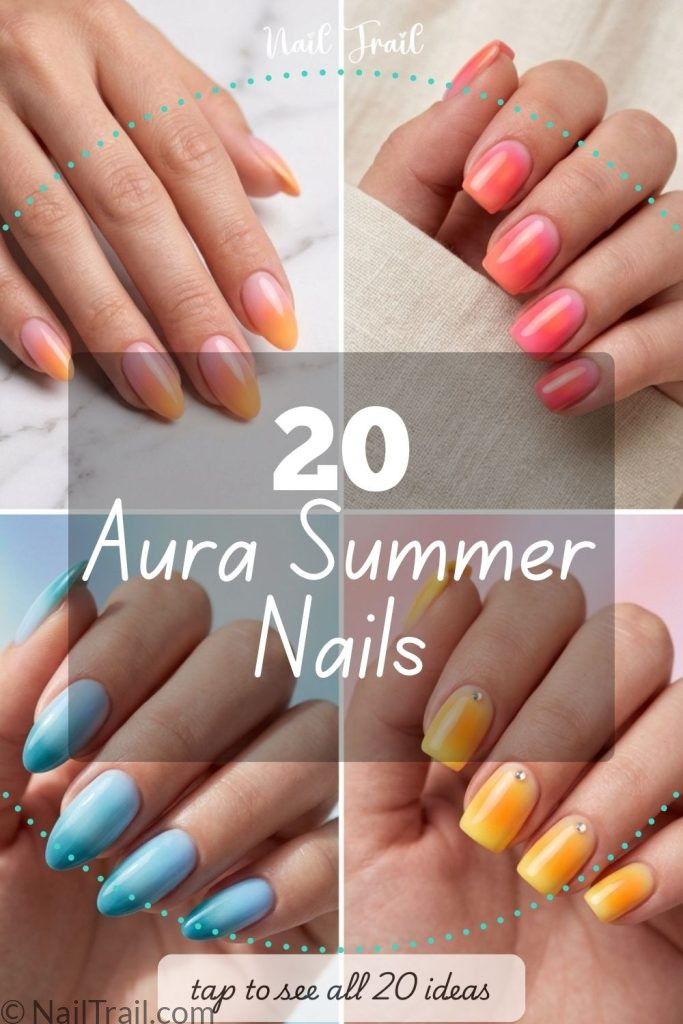 aura summer nails pink coral blue yellow orange almond square diffused glow gems glossy collage